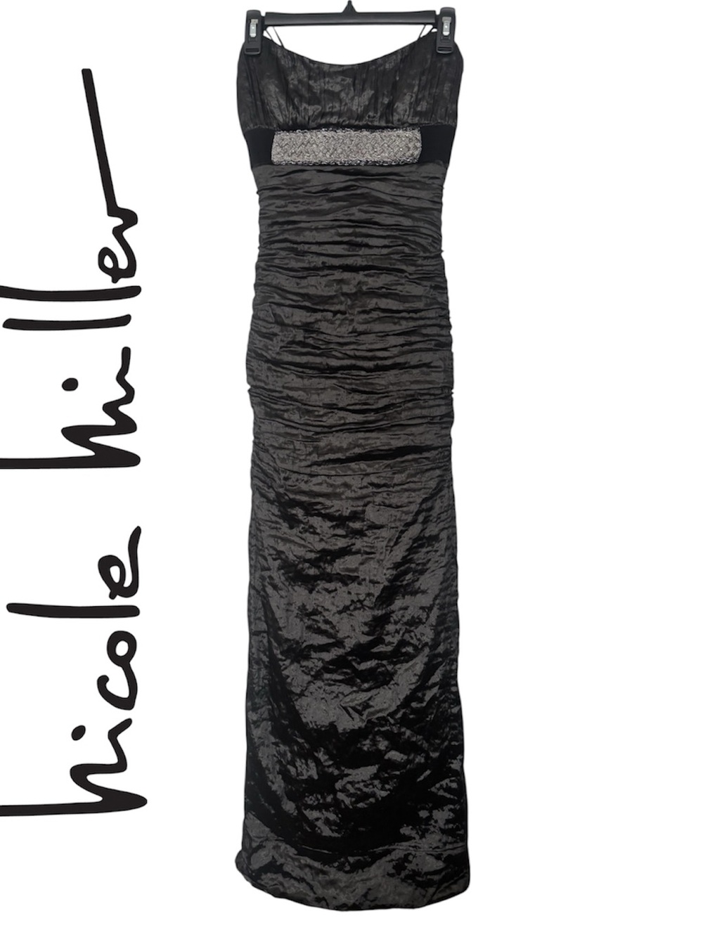 Vintage Nicole Miller signature strapless metallic black prom dress evening gown